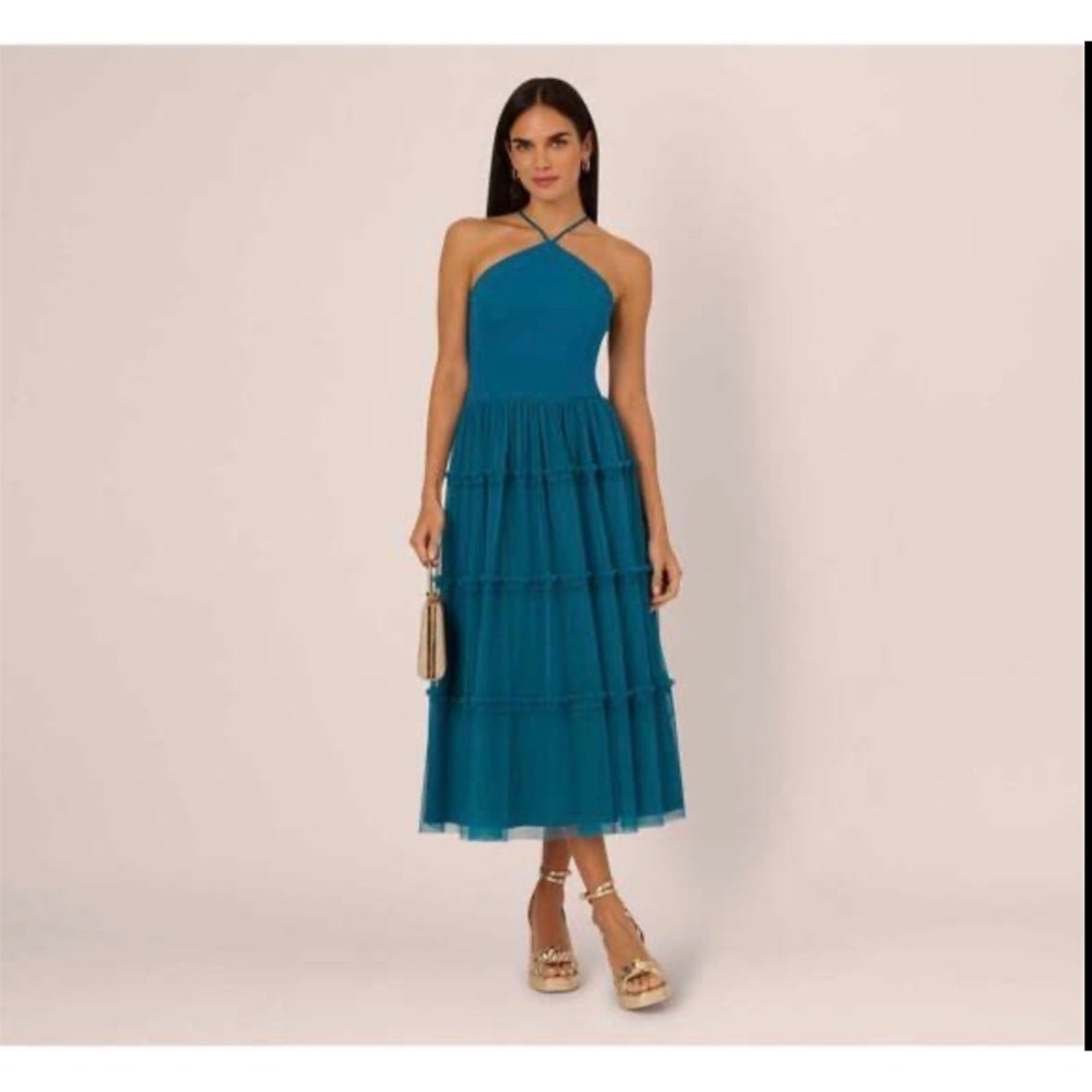 Adrianna Papell Midi Dress Womens 14 Teal Blue Excellent Tiered Tulle Halter